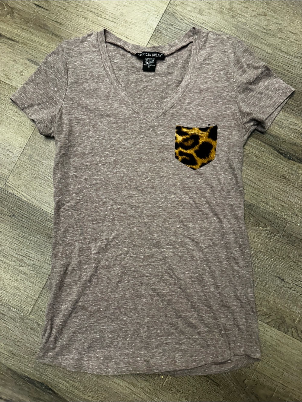 American Dream Heather Taupe V-Neck Tee with Leopard Pocket